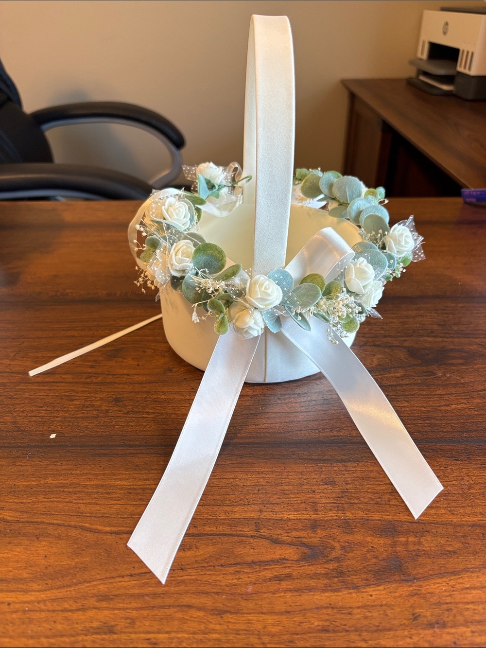 Ivory Flower Girl Basket with White Ribbon and Greenery